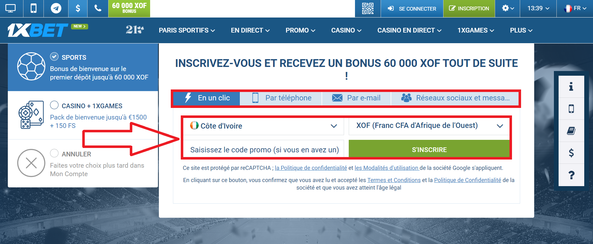 Créer un compte 1xBet du réseau social